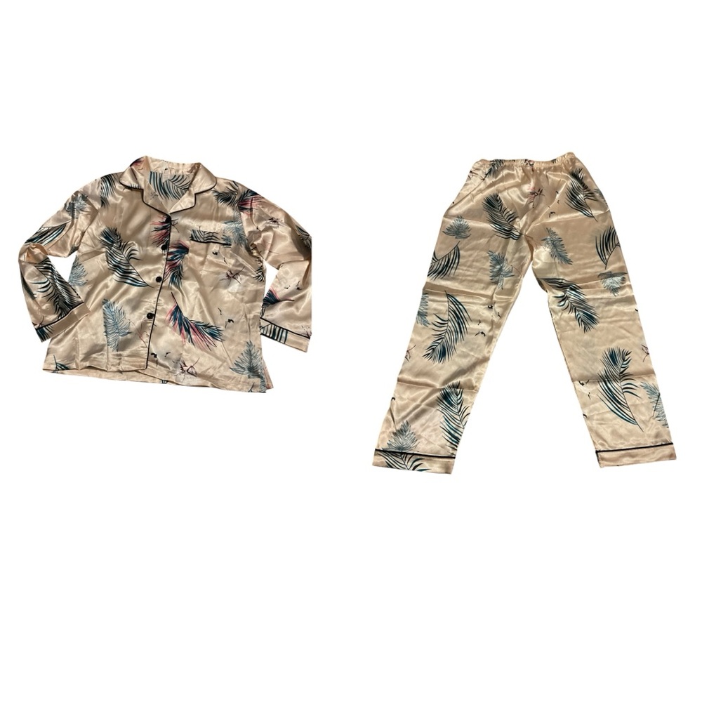 Tropical 2 piece Pajamas Set - Cream with Blue and Pink Accents
